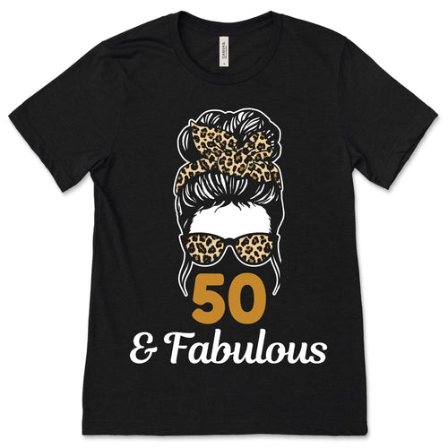 50 Years Old Fabulous Messy Bun Leopard 50th Women T-Shirt product image 1