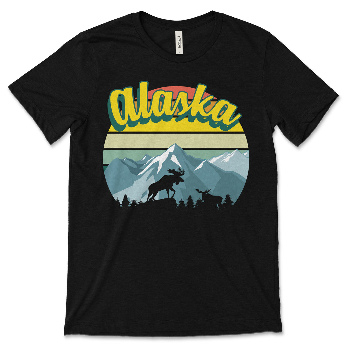 Alaska Mountain Moose Wildlife Retro Vintage Sunset T-Shirt product image 1