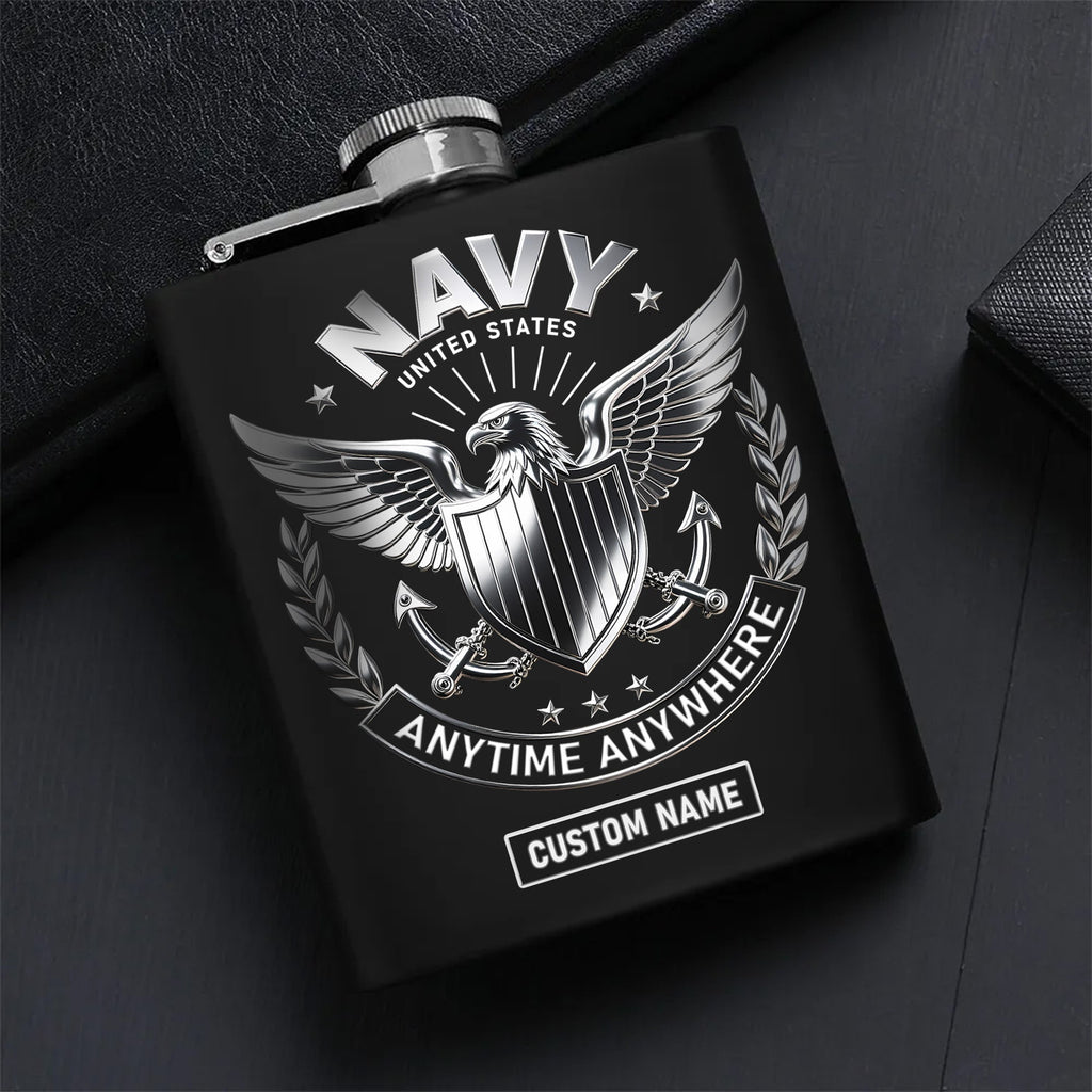 United States Navy Anytime Anywhere Military Patriotic Veteran Personalized Hip Flask Set