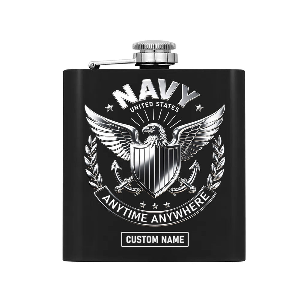 United States Navy Anytime Anywhere Military Patriotic Veteran Personalized Hip Flask Set