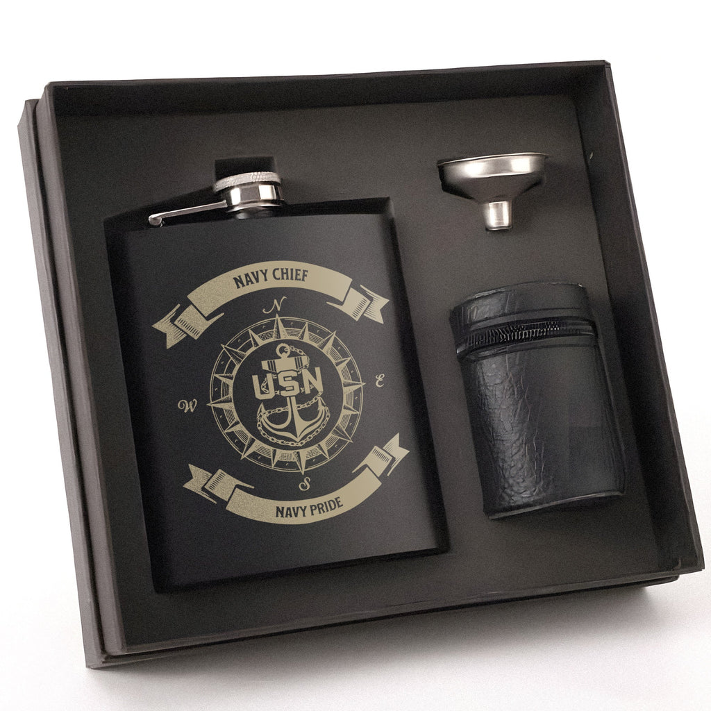 Navy Chief Pride Gift Set Hip Flask Set