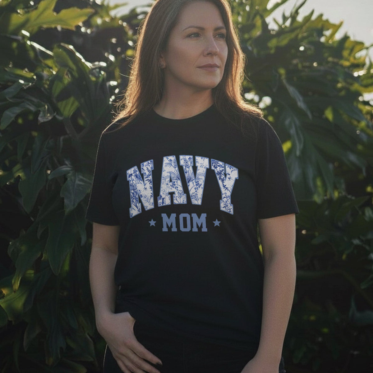 Navy Mom Blue Vintage Floral Pattern US T-Shirt product image 2