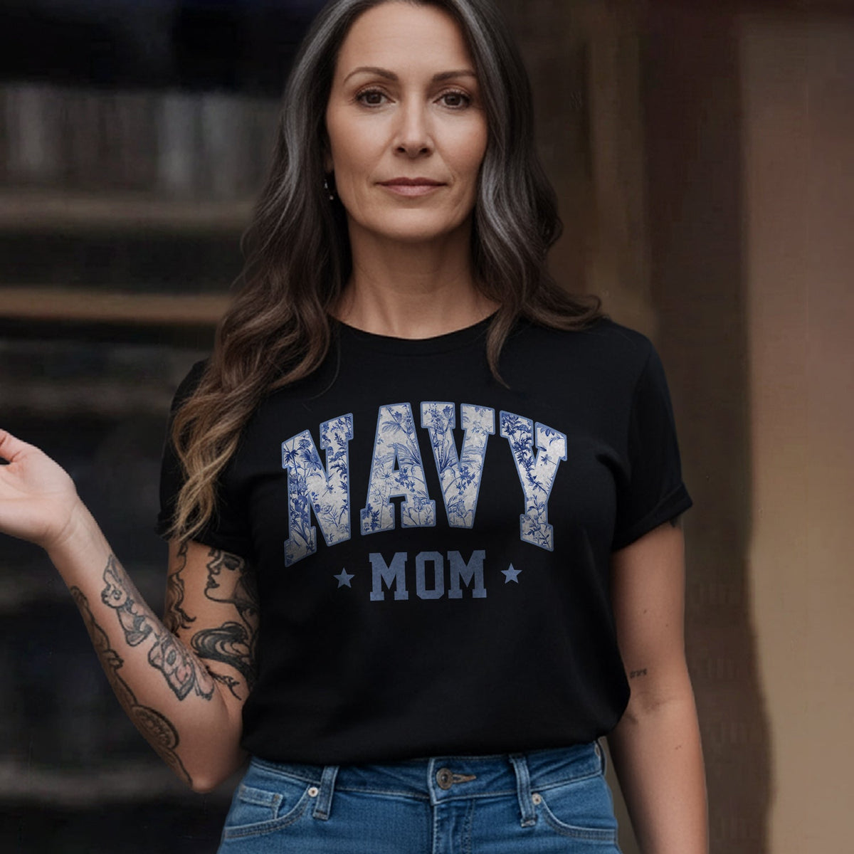 Navy Mom Blue Vintage Floral Pattern US T-Shirt product image 3