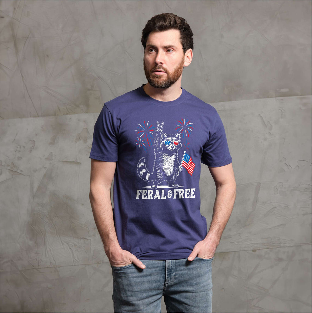 4th of July funny racoon feral and free t-shirt wild animal product image 1