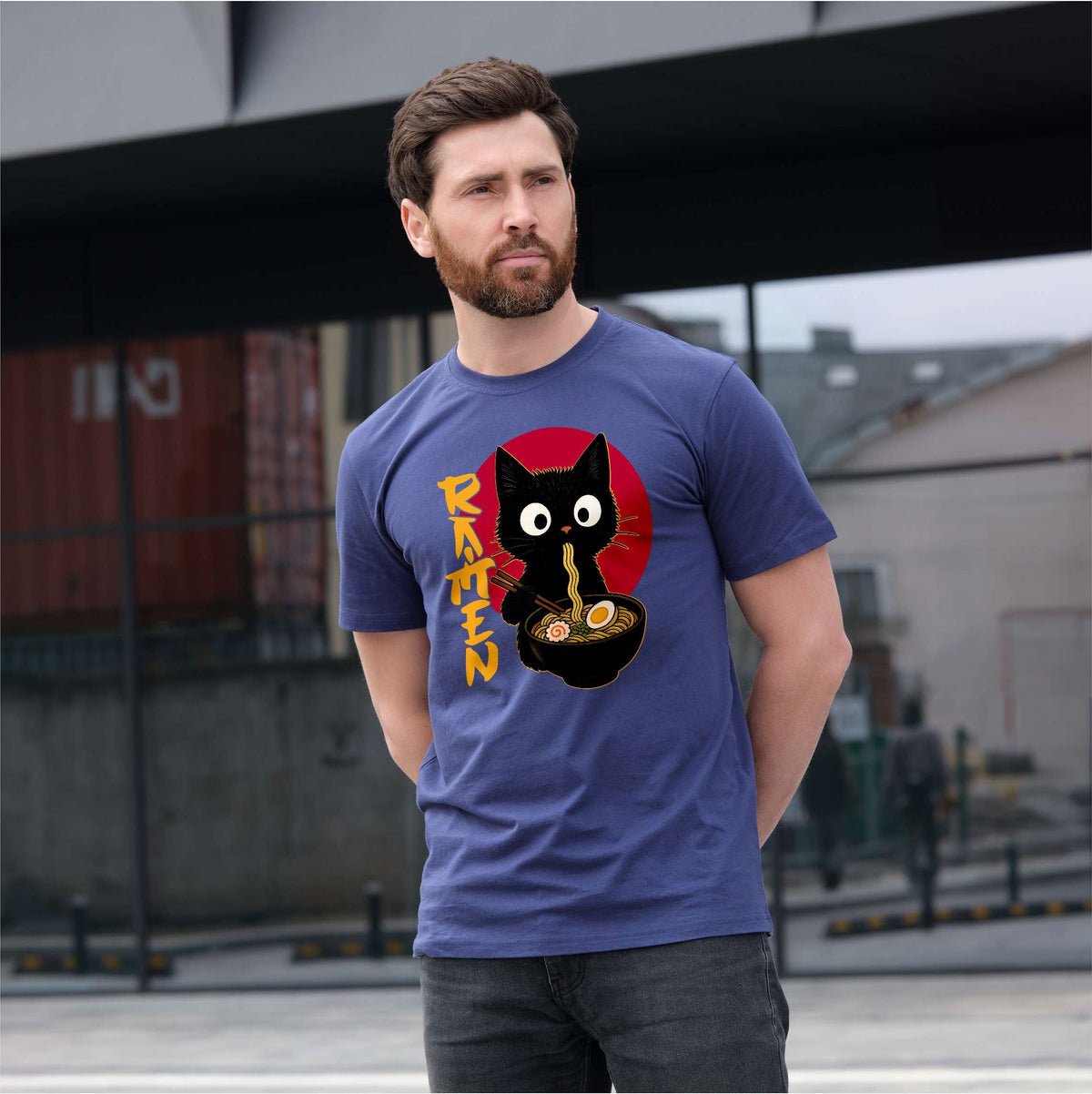 Men's Funny Ramen cat T-shirt eating pet food Tee product image 2