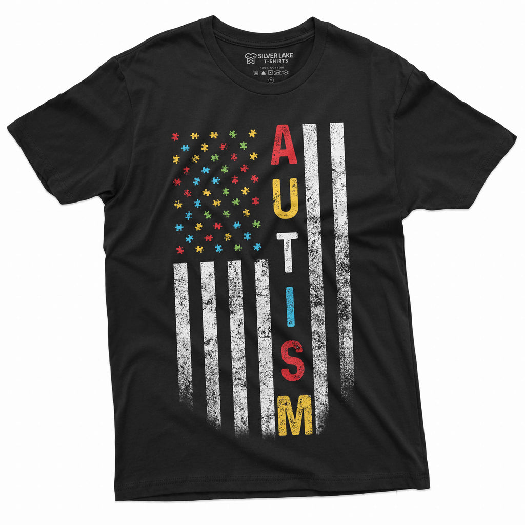 US Flag Autism colors T-shirt awareness day men's tee shirt product image 1