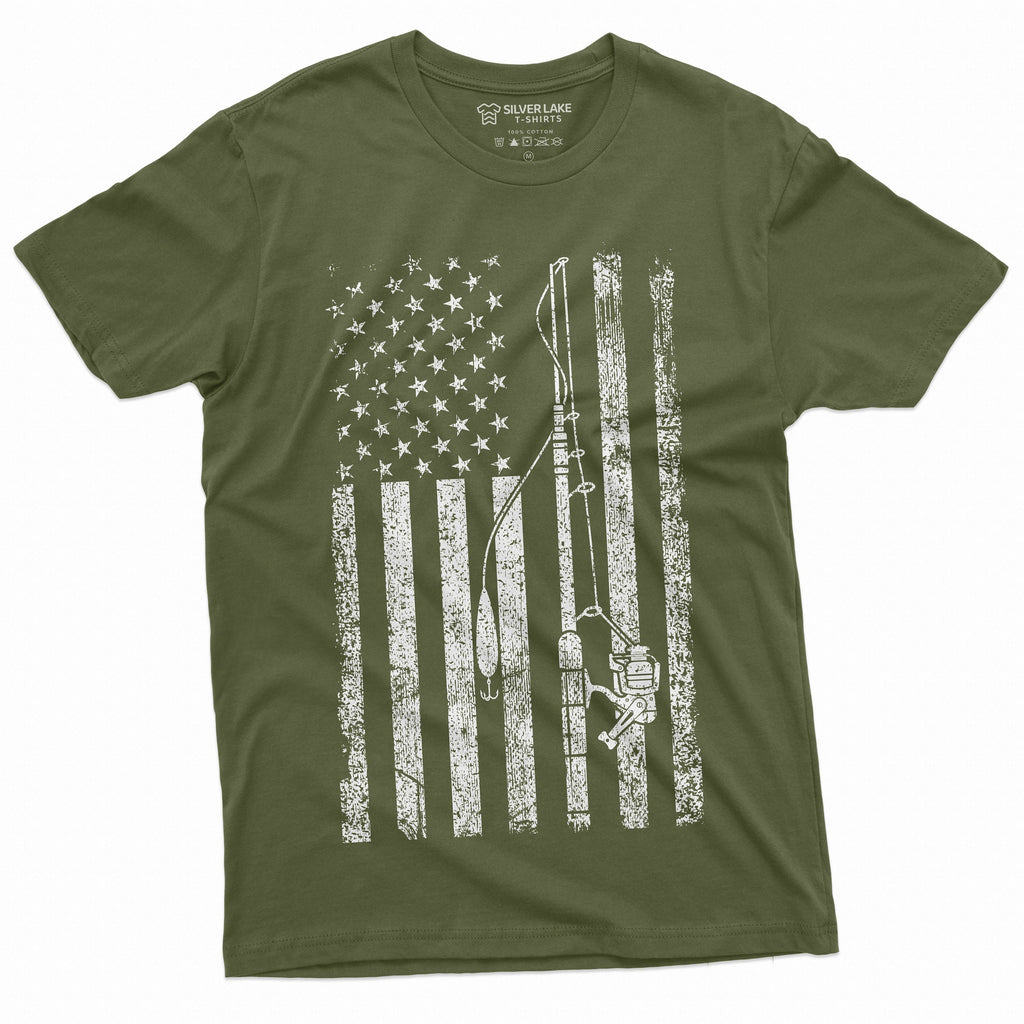 Mens USA American Fish Flag T Shirt Fishing Pole Rod Reel product image 1