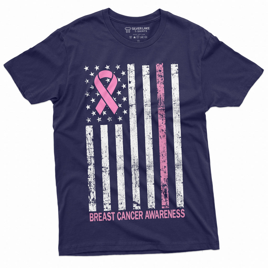 Breast Cancer Awareness T-shirt Ribbon USA Flag Day Womens product image 1