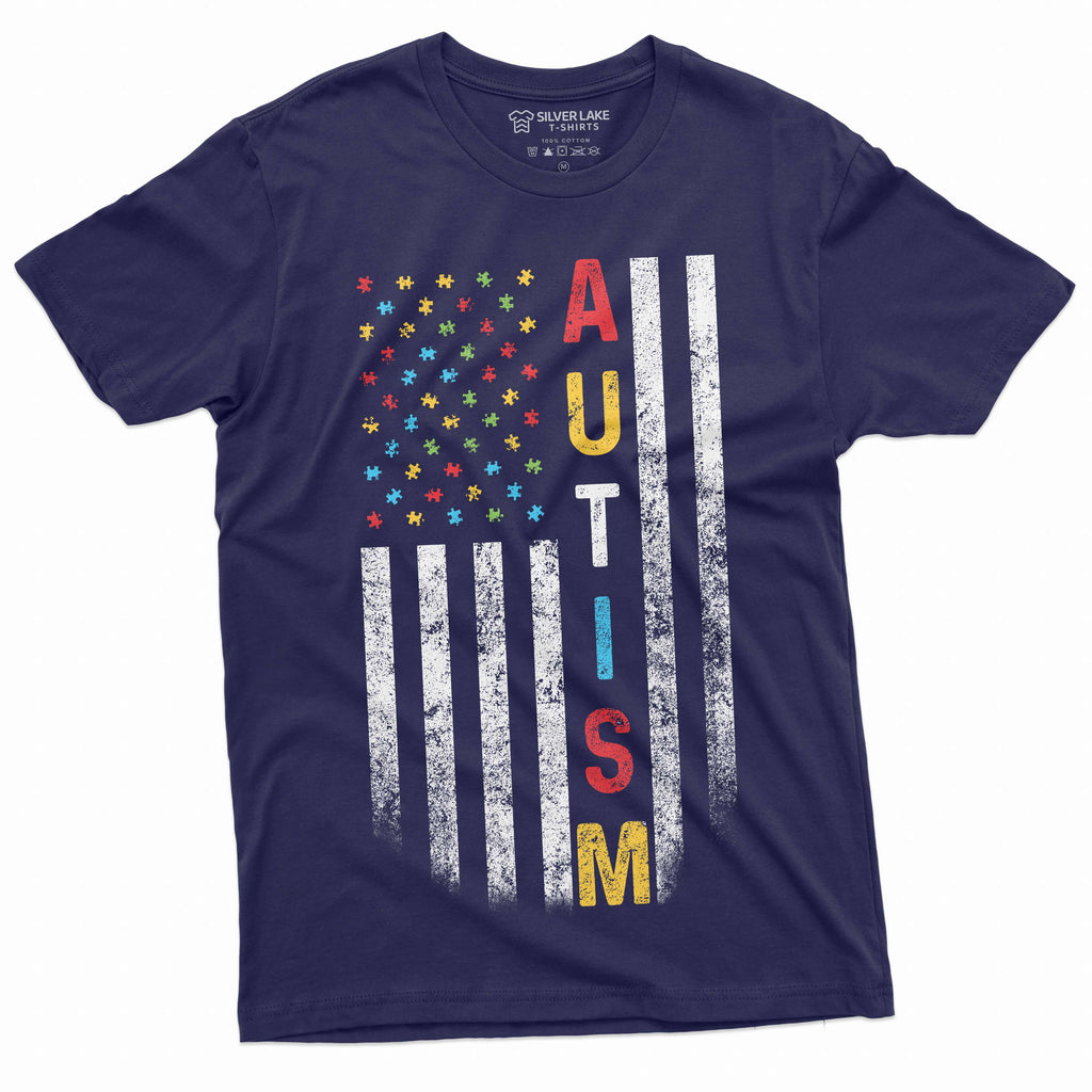 US Flag Autism colors T-shirt awareness day men's tee shirt product image 3